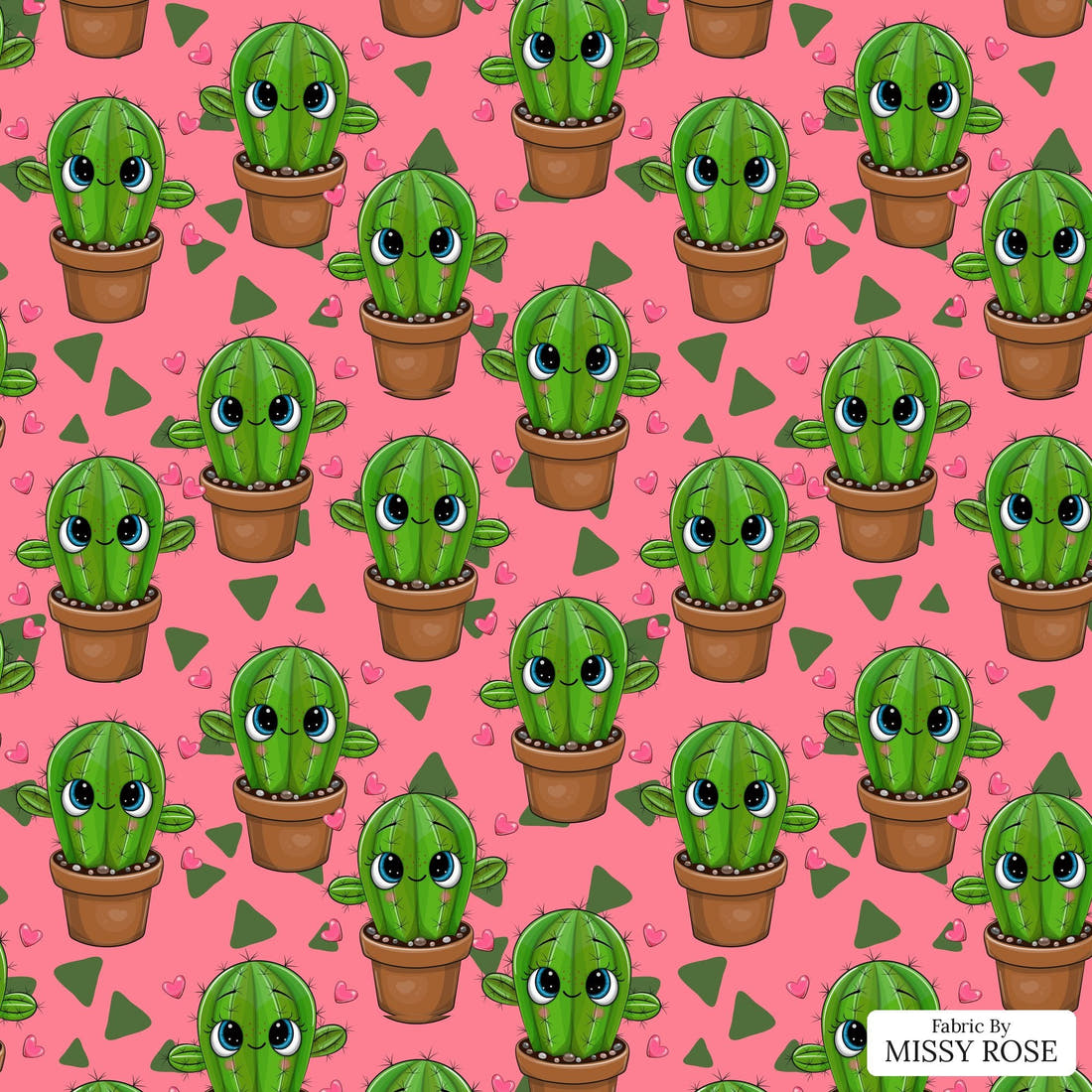 Design 142 Pink Cactus Fabric - flat view of the print, zoom in for detail | Fabric by Missy Rose