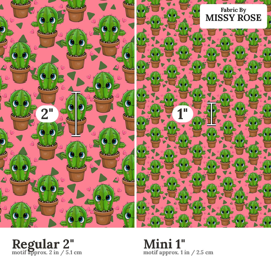 Design 142 Pink Cactus Fabric size comparison - print scale | Fabric by Missy Rose