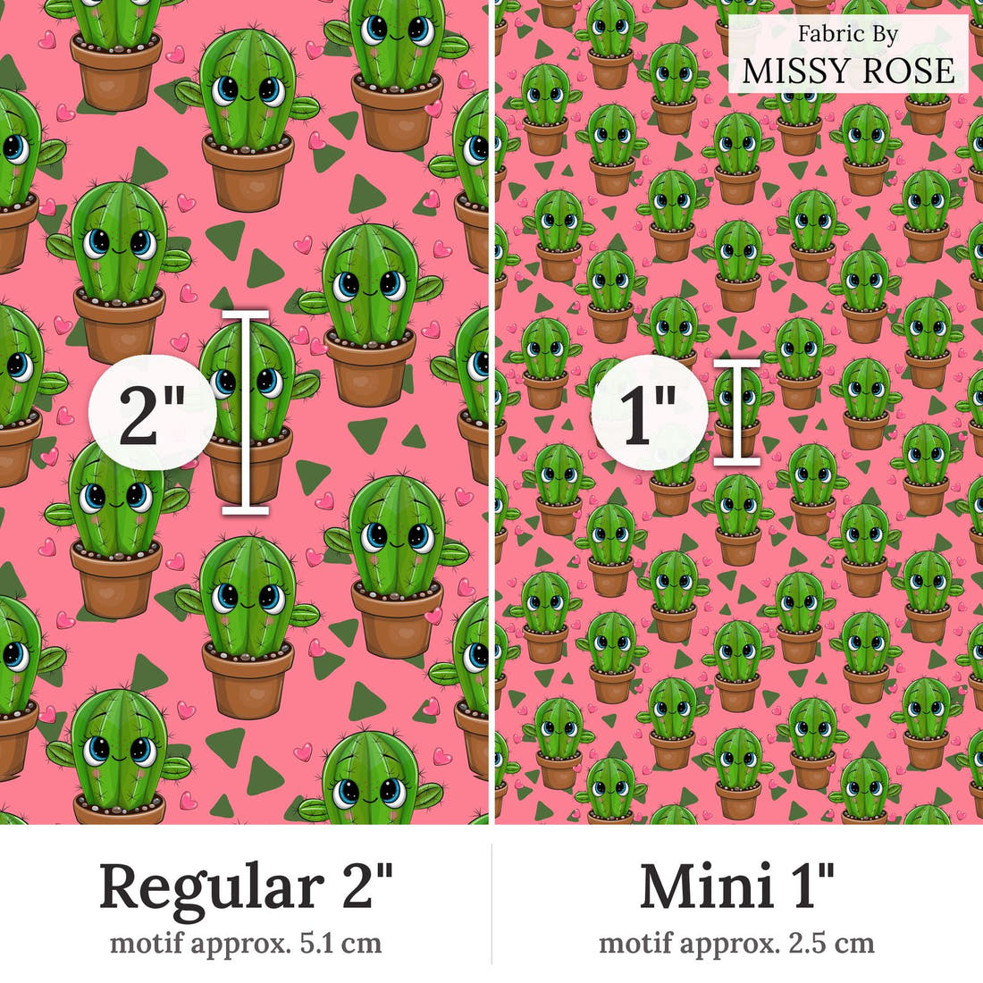 Design 142 Pink Cactus Fabric Regular 2 inch vs Mini 1 inch print scale side by side | Fabric by Missy Rose