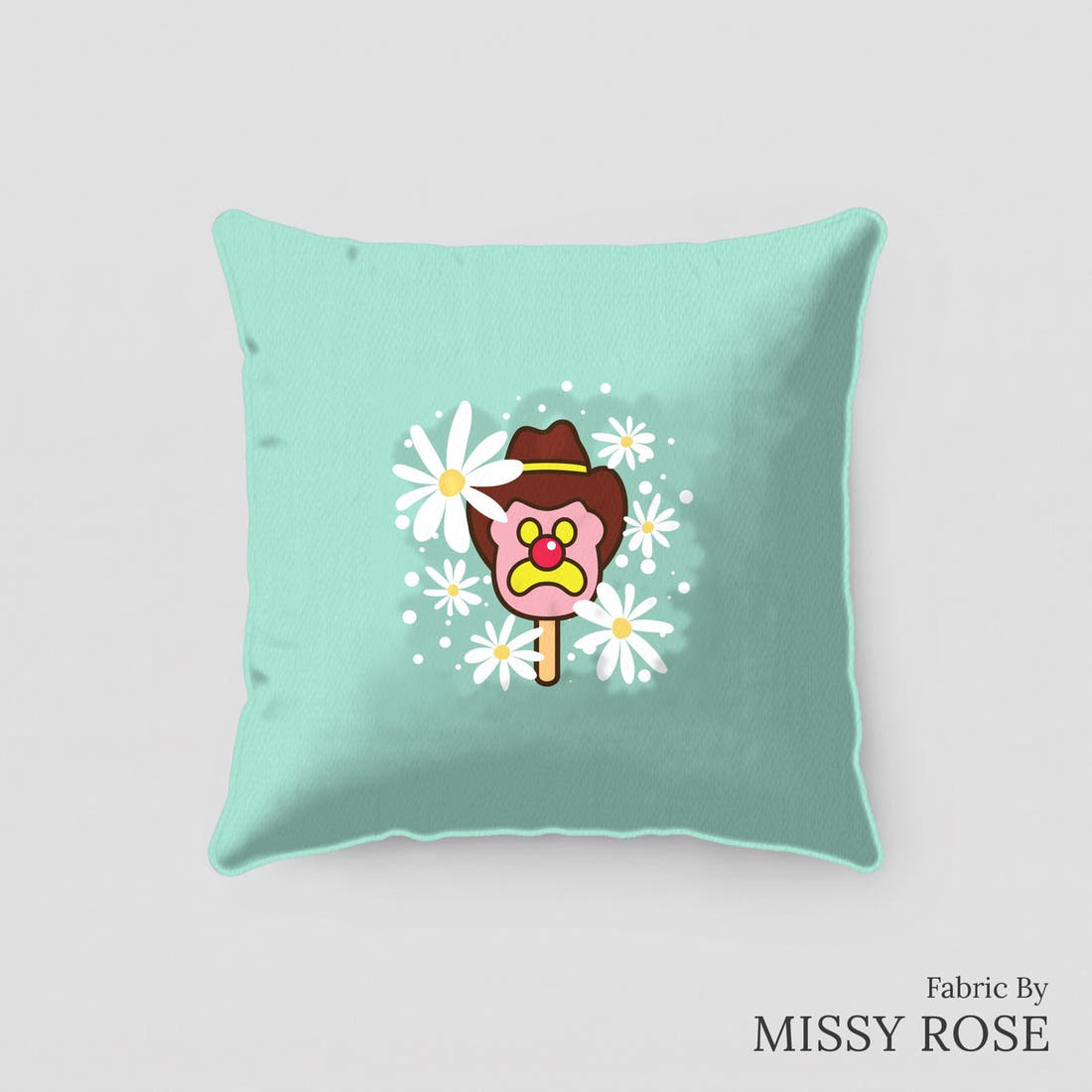 Design 143 Teal Ice Cream Panel sewn into a cushion – see how the panel looks made up | Fabric by Missy Rose