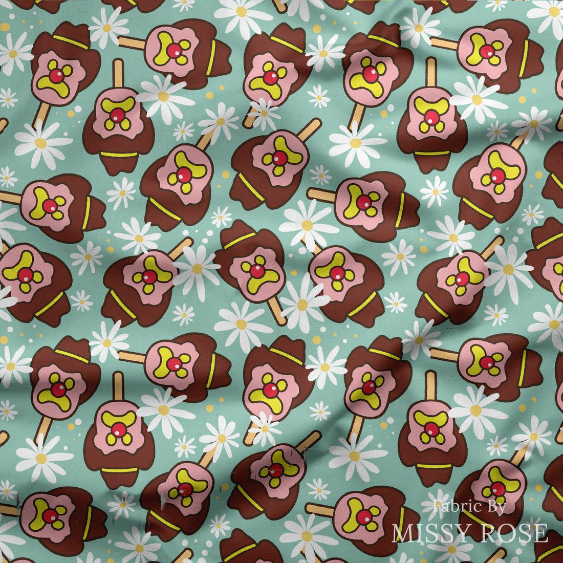 Design 143 Teal Ice Cream Fabric draped fabric mockup – custom printed fabric by the metre | Fabric by Missy Rose