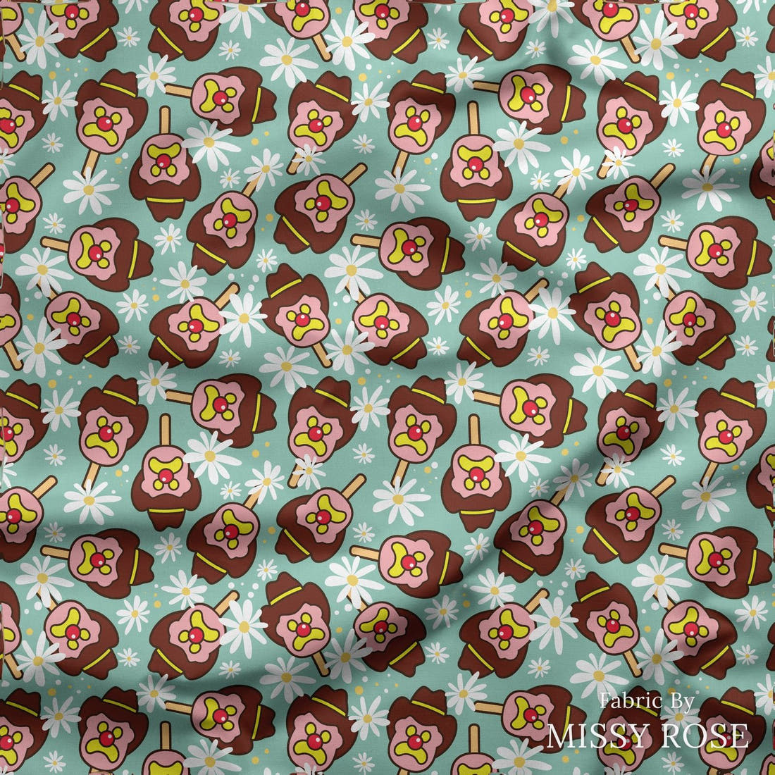 Design 143 Teal Ice Cream Fabric draped fabric mockup – custom printed fabric by the metre | Fabric by Missy Rose