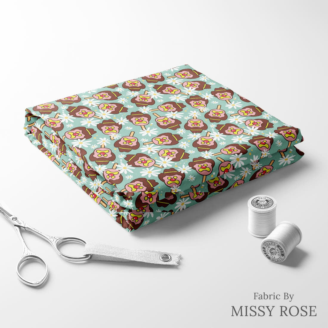 Design 143 Teal Ice Cream Fabric folded fabric stack with matching thread – pre-order fabric Australia | Fabric by Missy Rose