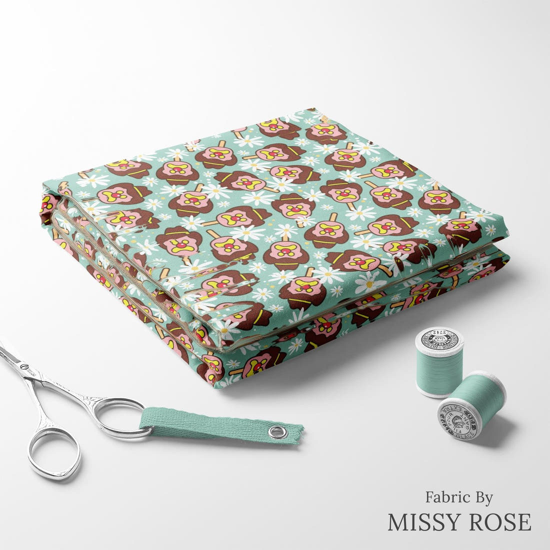 Design 143 Teal Ice Cream Fabric folded fabric stack with matching thread – pre-order fabric Australia | Fabric by Missy Rose