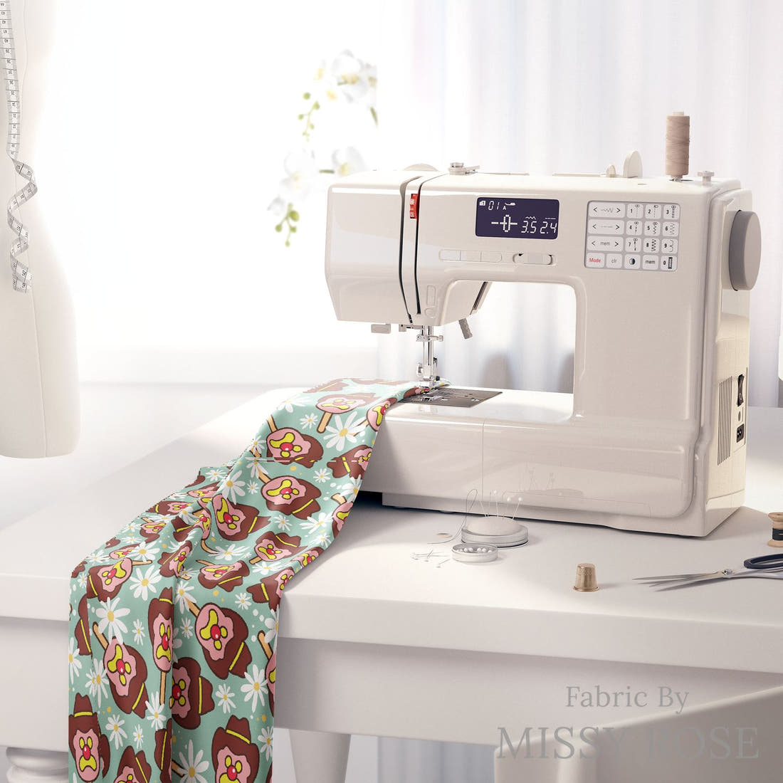 Design 143 Teal Ice Cream Fabric on a sewing machine – premium fabric for sewing projects | Fabric by Missy Rose