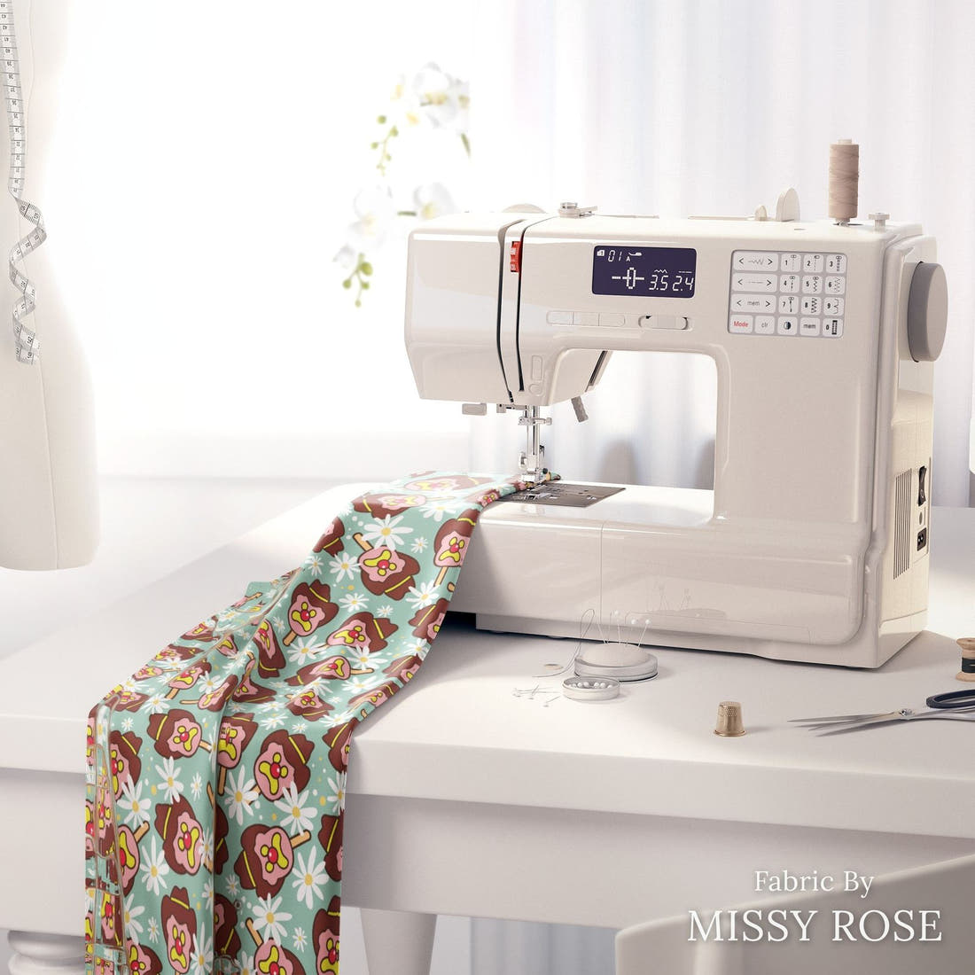 Design 143 Teal Ice Cream Fabric on a sewing machine – premium fabric for sewing projects | Fabric by Missy Rose