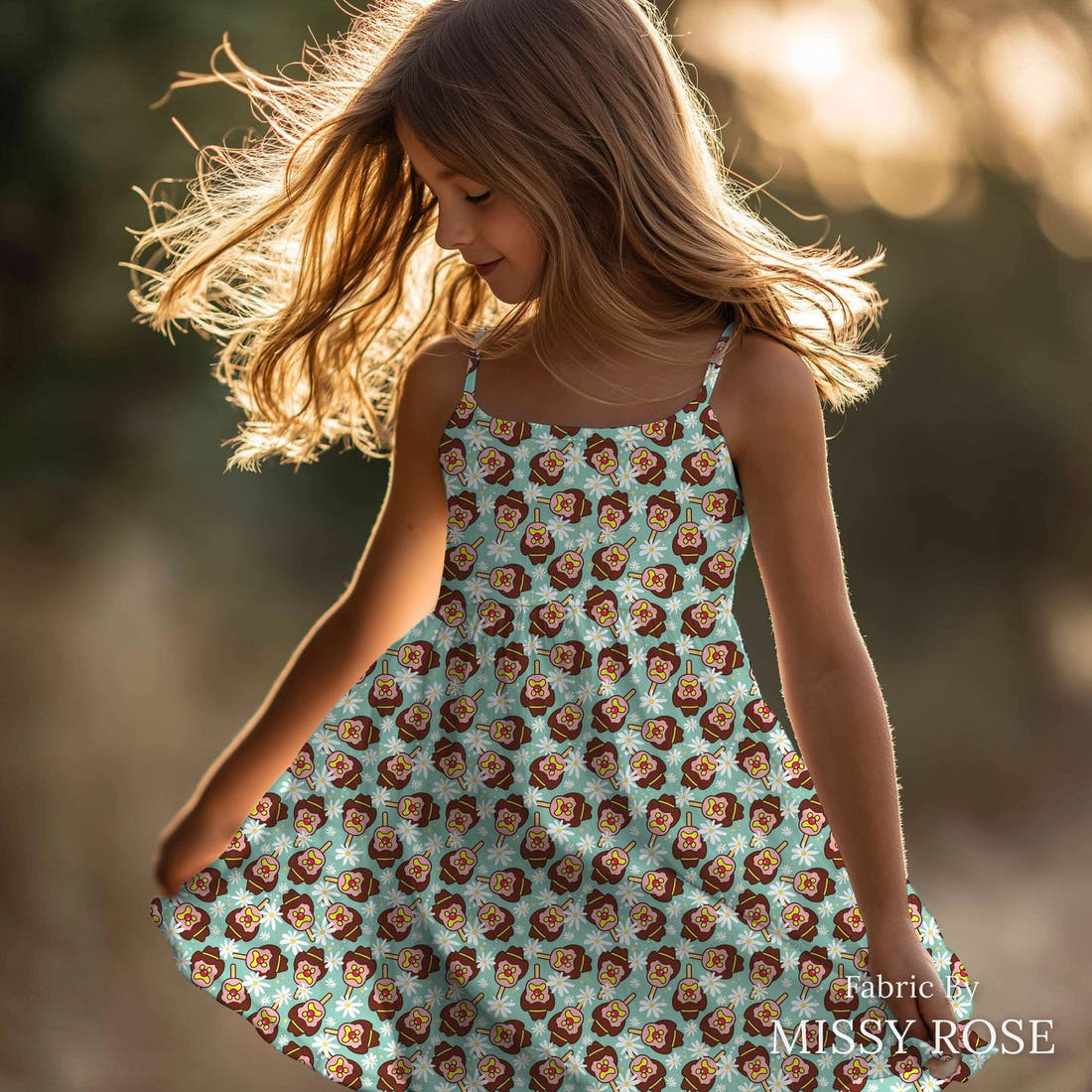 Design 143 Teal Ice Cream Fabric sewn into a girls' dress – see how the print looks made up | Fabric by Missy Rose