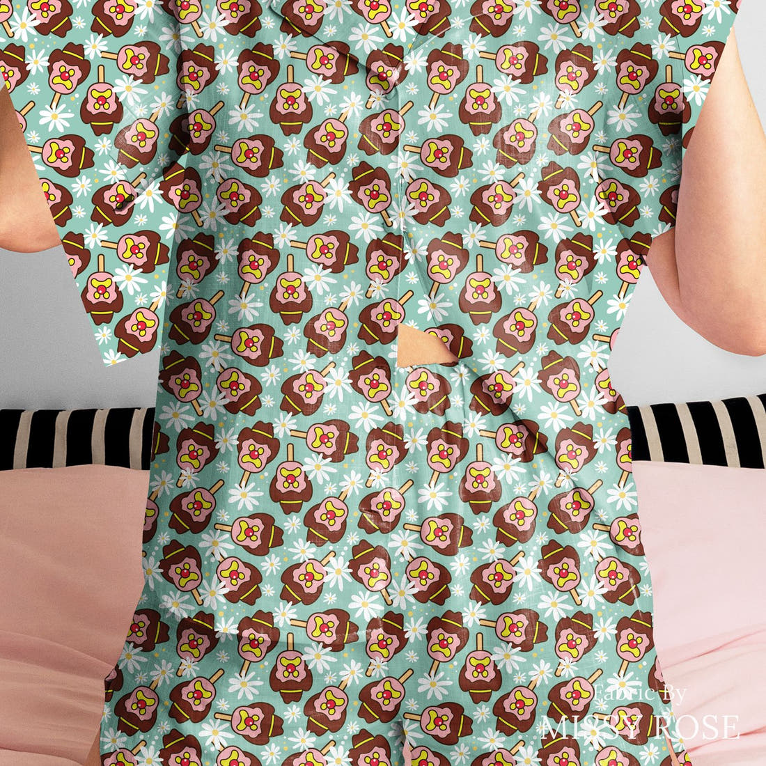 Design 143 Teal Ice Cream Fabric sewn into a women's pyjama set – see how the print looks made up | Fabric by Missy Rose