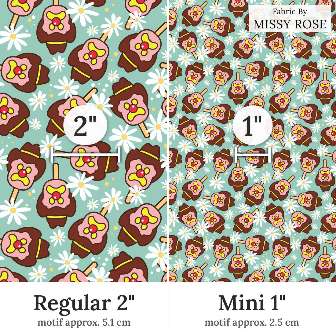 Design 143 Teal Ice Cream Fabric Regular 2 inch vs Mini 1 inch print scale side by side | Fabric by Missy Rose
