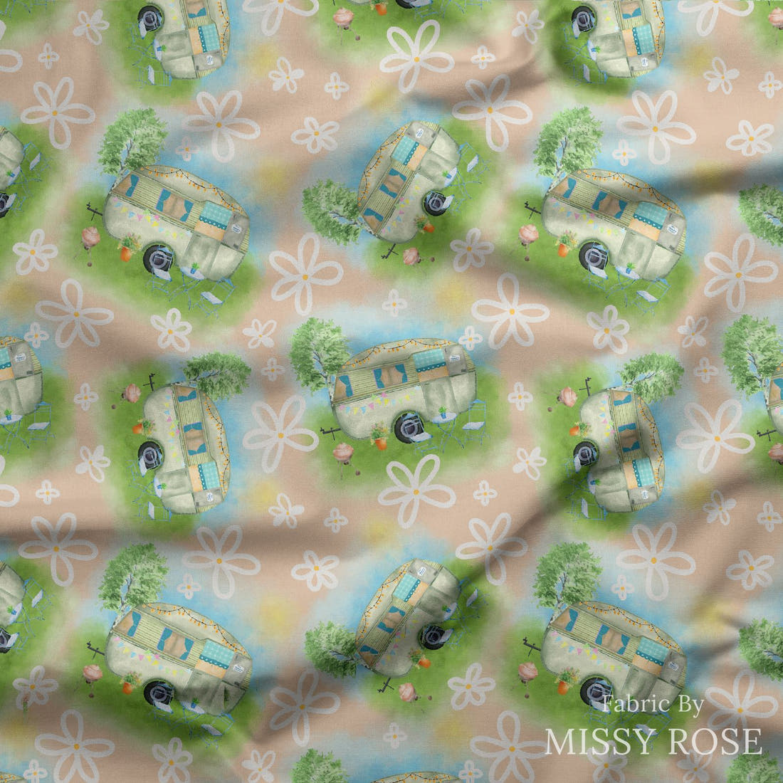 Design 144 Caravan Fabric draped fabric mockup – custom printed fabric by the metre | Fabric by Missy Rose
