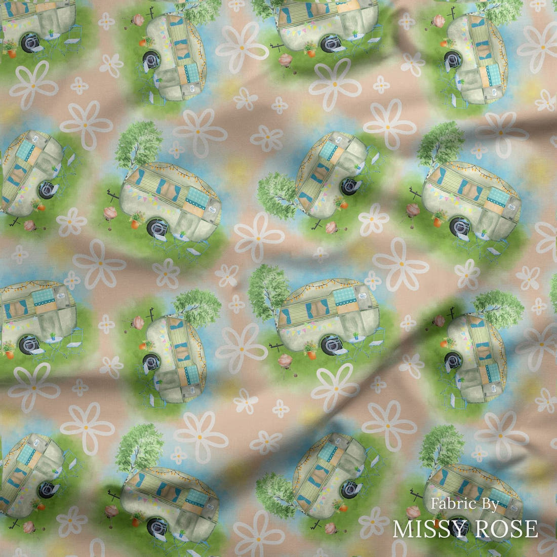 Design 144 Caravan Fabric draped fabric mockup – custom printed fabric by the metre | Fabric by Missy Rose