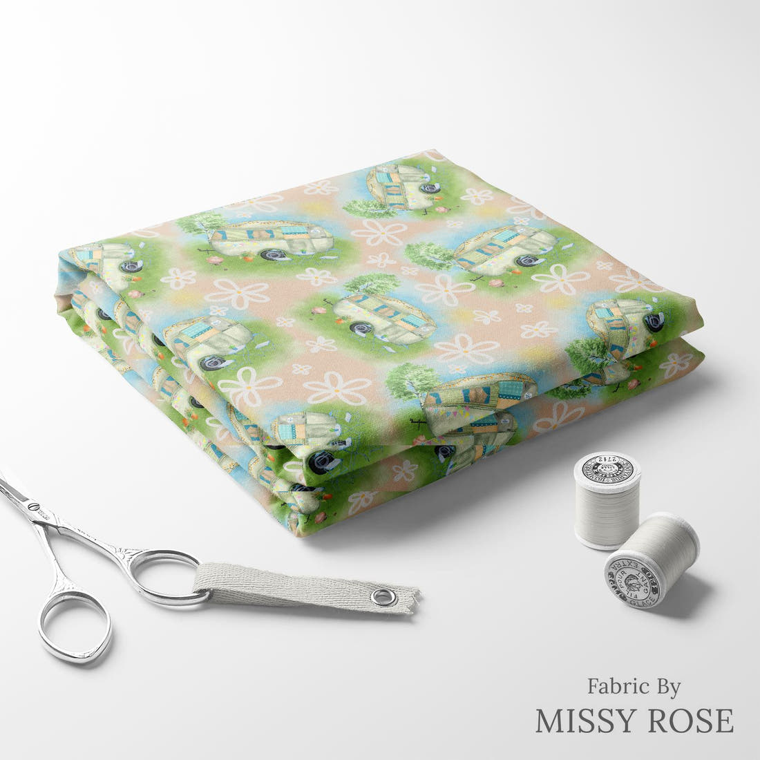 Design 144 Caravan Fabric folded fabric stack with matching thread – pre-order fabric Australia | Fabric by Missy Rose