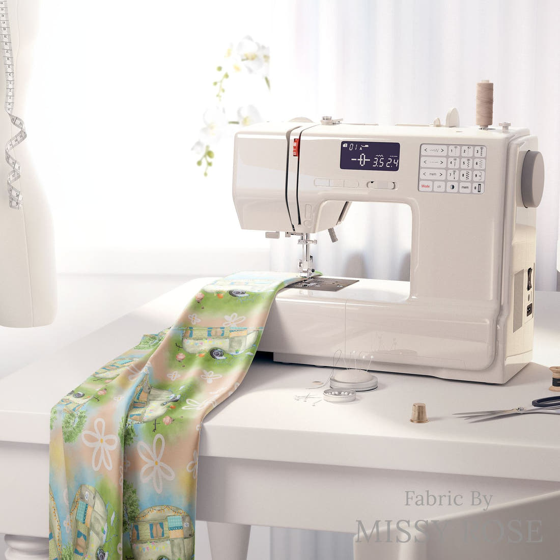 Design 144 Caravan Fabric on a sewing machine – premium fabric for sewing projects | Fabric by Missy Rose