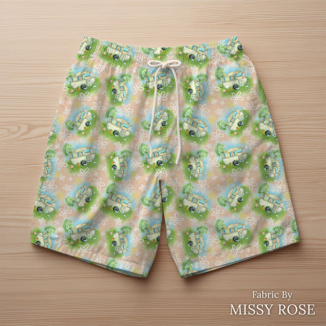 Design 144 Caravan Fabric sewn into swim shorts – see how the print looks made up | Fabric by Missy Rose
