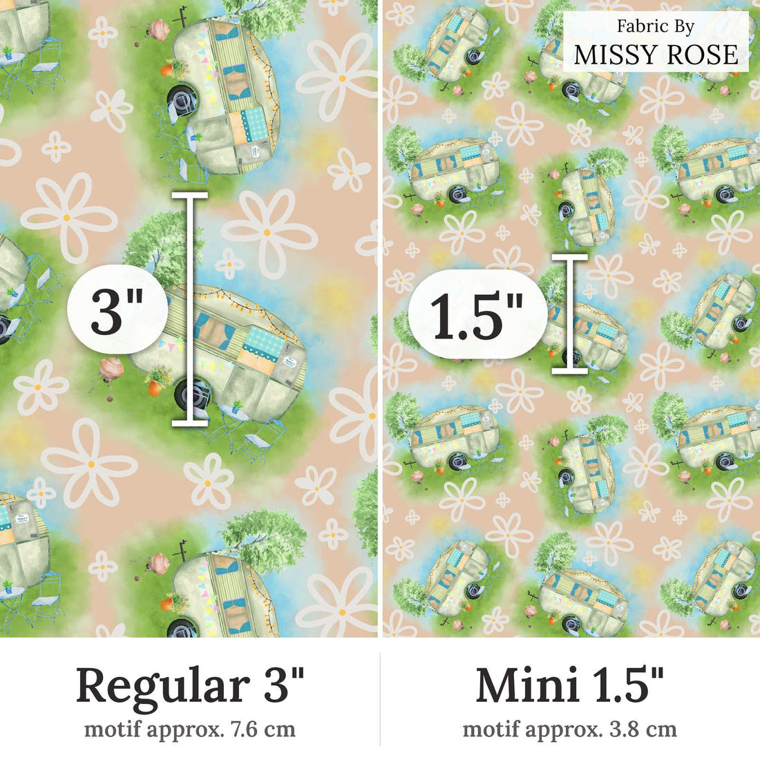 Design 144 Caravan Fabric Regular 3 inch vs Mini 1.5 inch print scale side by side | Fabric by Missy Rose