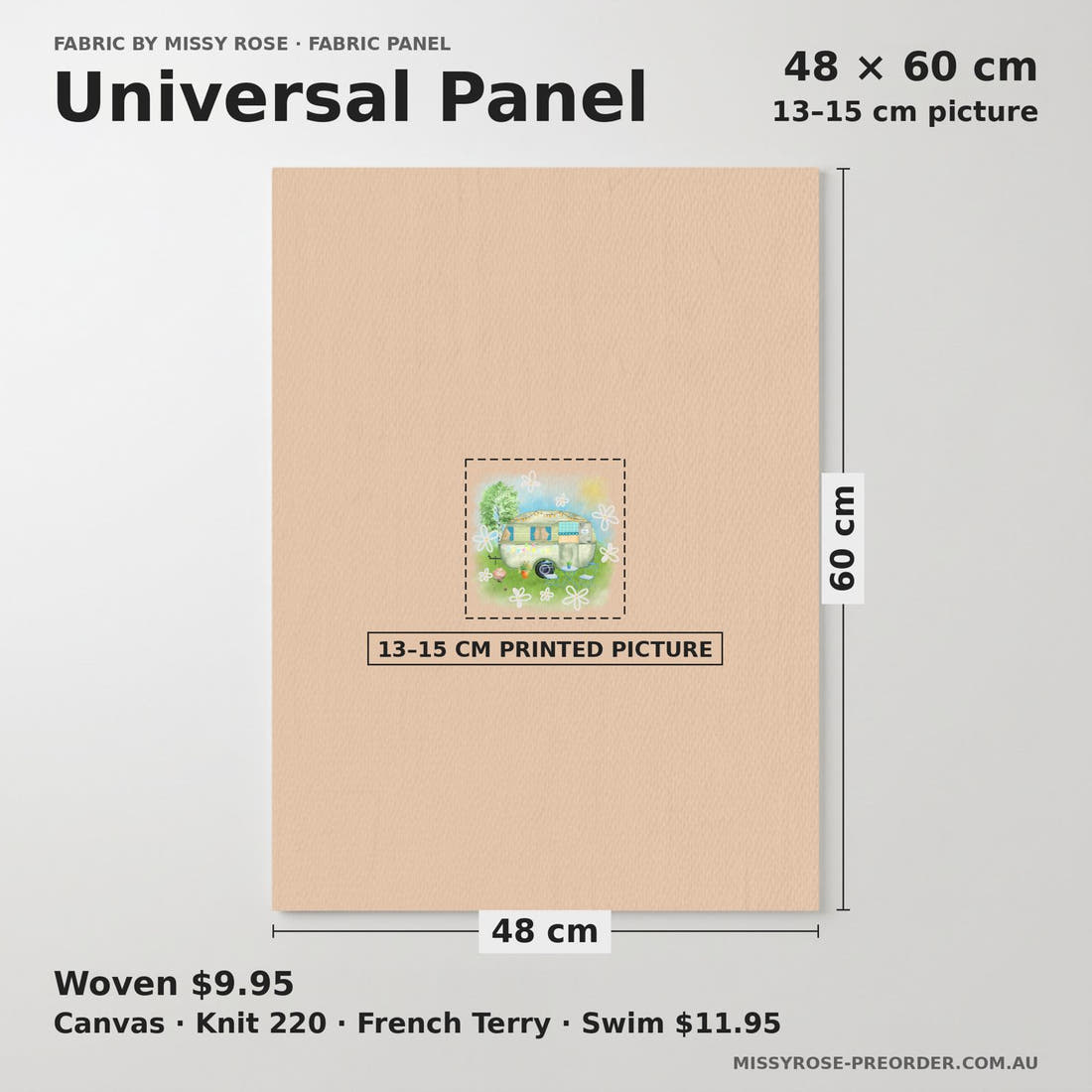 Design 144 Caravan Panel universal panel sizing – 13–15 cm printed picture on 48 × 60 cm fabric | Fabric by Missy Rose