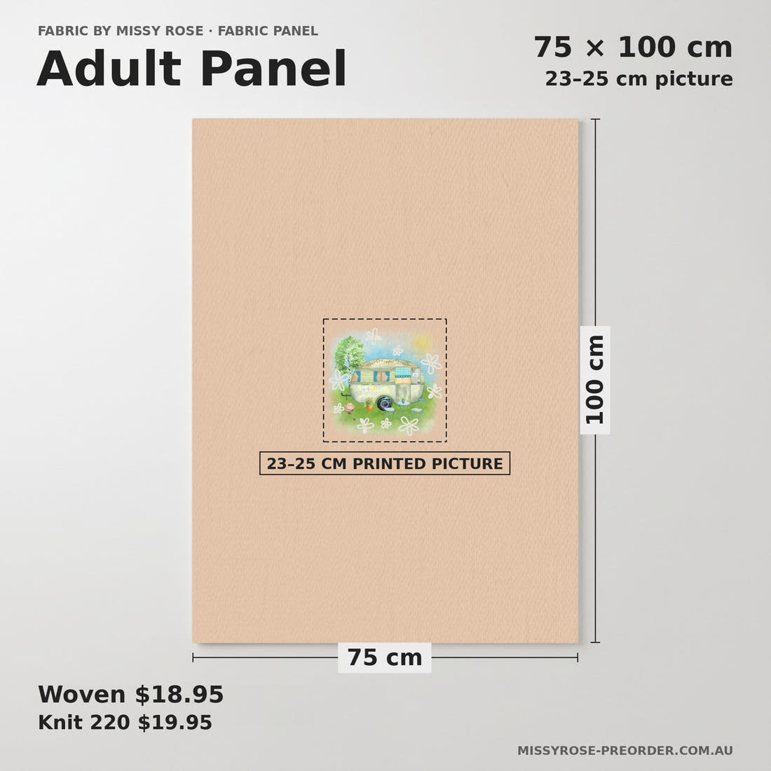 Design 144 Caravan Panel adult panel sizing – 23–25 cm printed picture on 75 × 100 cm fabric | Fabric by Missy Rose