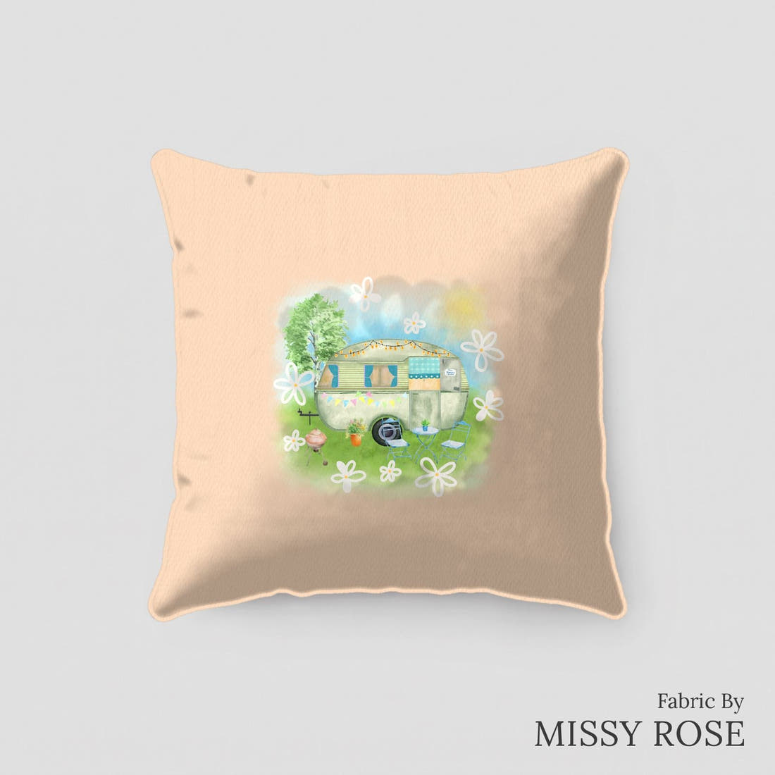 Design 144 Caravan Panel sewn into a cushion – see how the panel looks made up | Fabric by Missy Rose