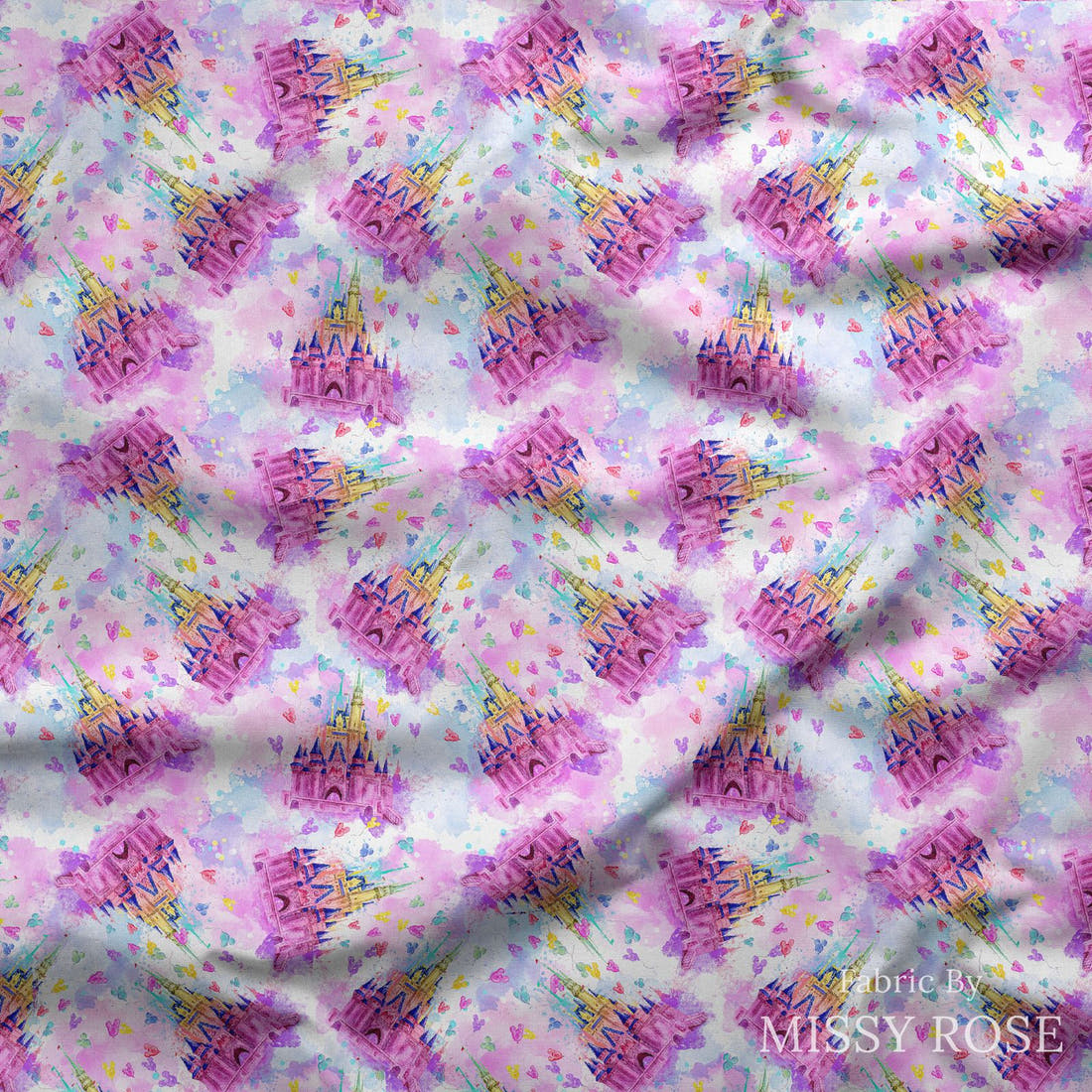 Design 145 Castle Fabric draped fabric mockup – custom printed fabric by the metre | Fabric by Missy Rose