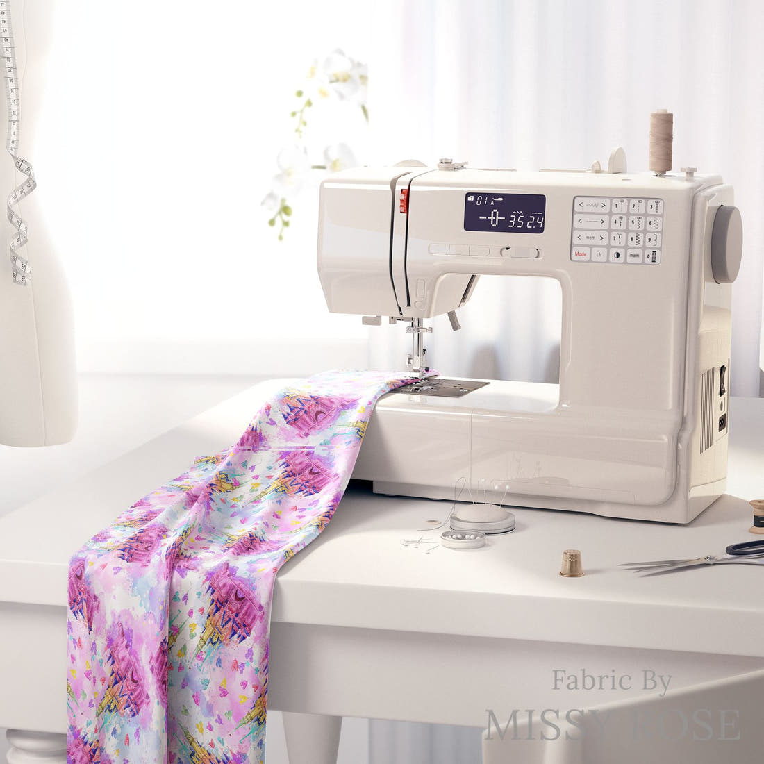 Design 145 Castle Fabric on a sewing machine – premium fabric for sewing projects | Fabric by Missy Rose
