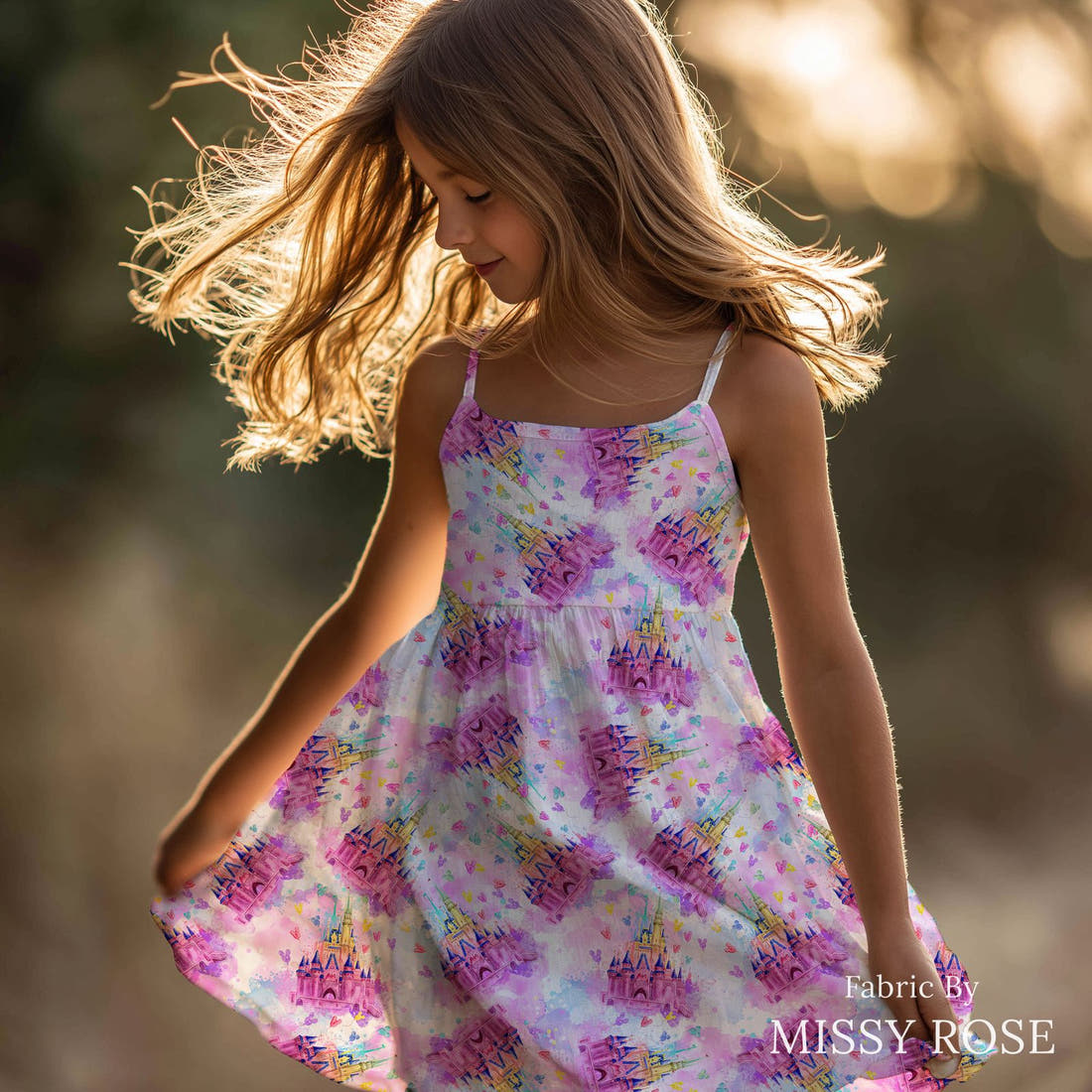 Design 145 Castle Fabric sewn into a girls' dress – see how the print looks made up | Fabric by Missy Rose
