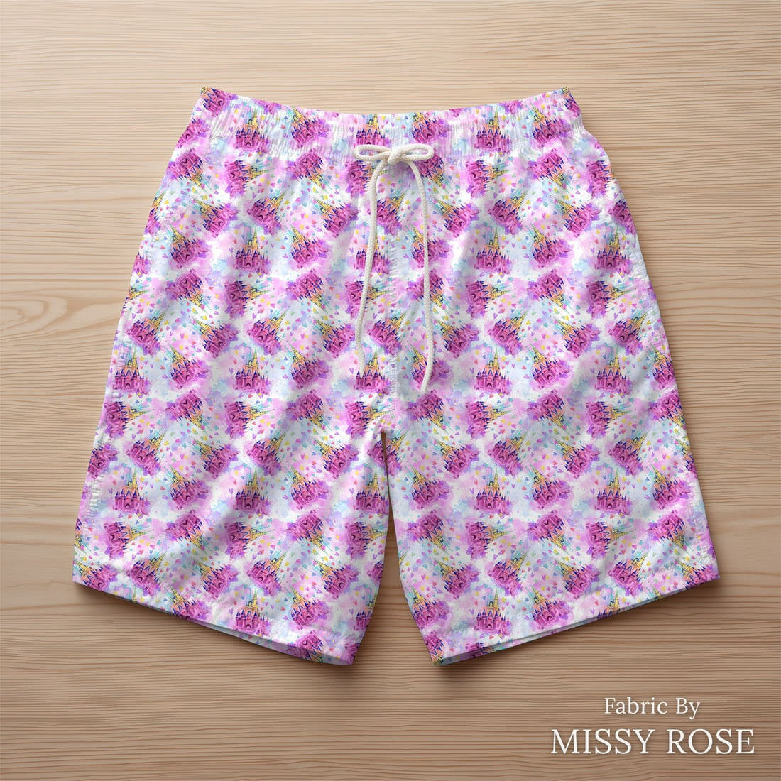 Design 145 Castle Fabric sewn into swim shorts – see how the print looks made up | Fabric by Missy Rose