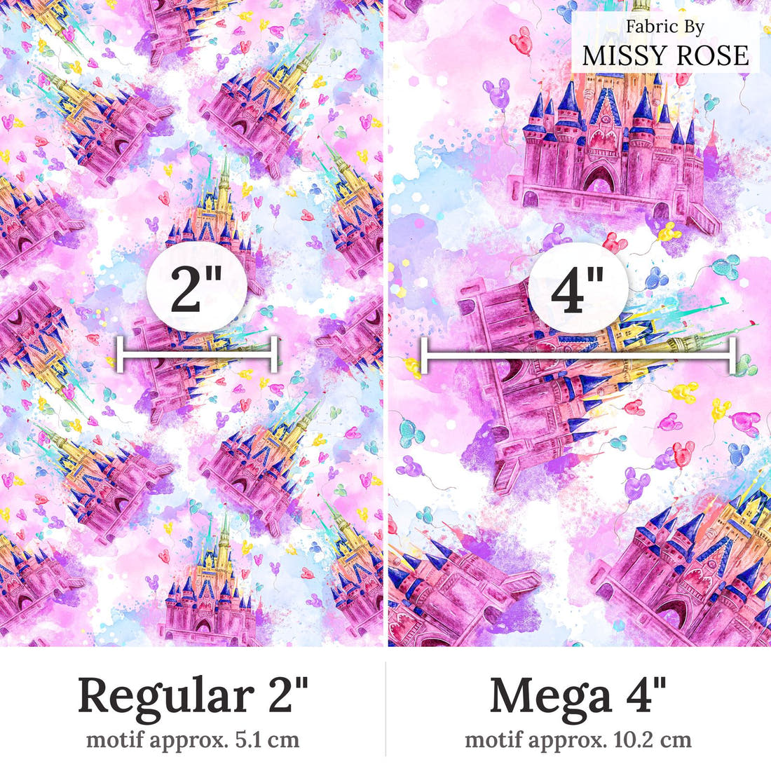 Design 145 Castle Fabric Regular 2 inch vs Mega 4 inch print scale side by side | Fabric by Missy Rose