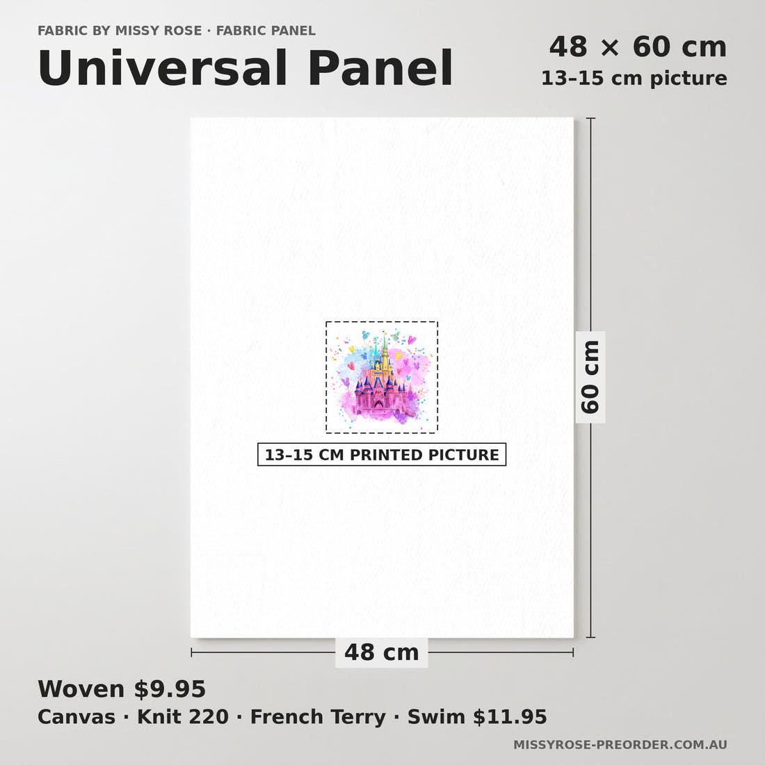 Design 145 Castle Panel universal panel sizing – 13–15 cm printed picture on 48 × 60 cm fabric | Fabric by Missy Rose