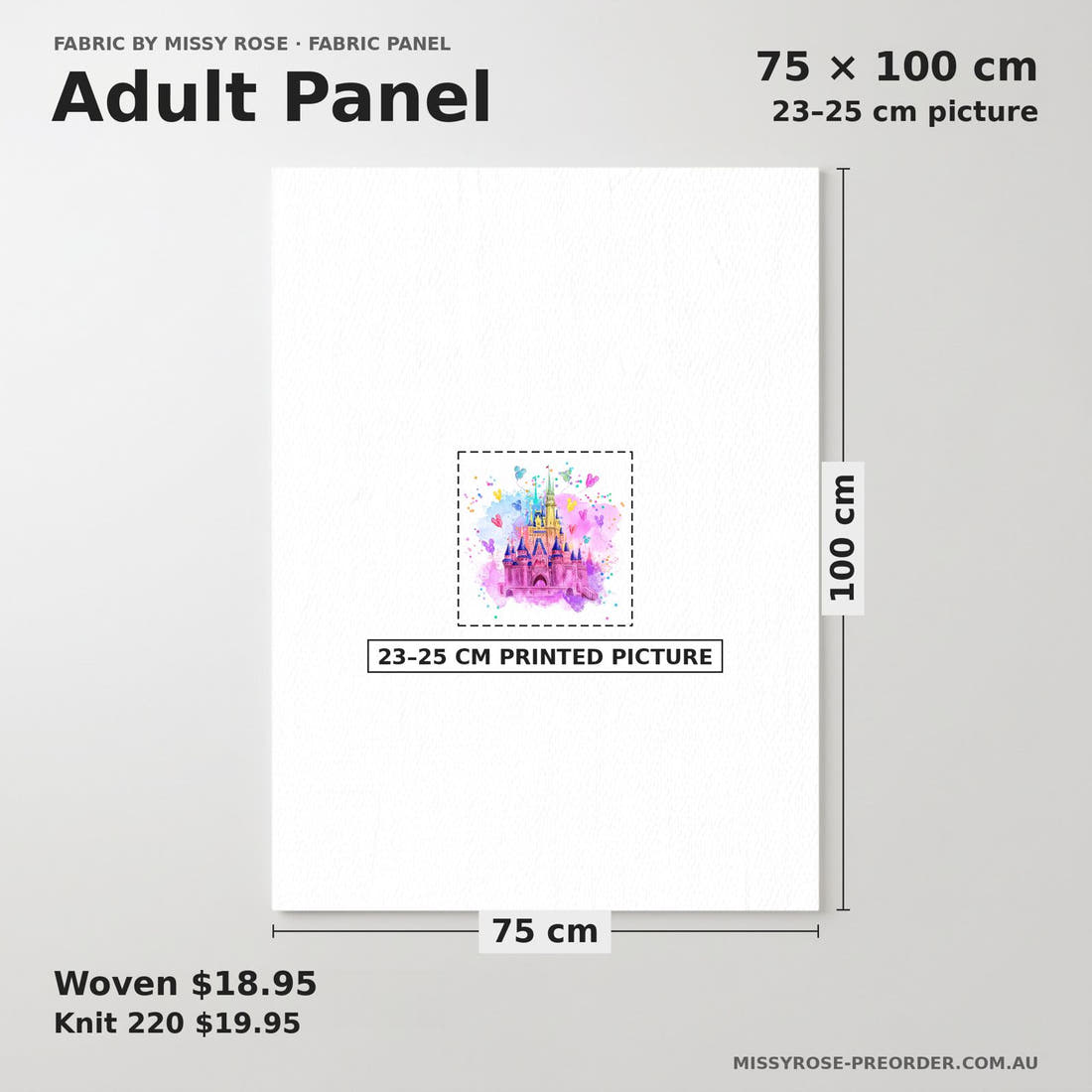 Design 145 Castle Panel adult panel sizing – 23–25 cm printed picture on 75 × 100 cm fabric | Fabric by Missy Rose