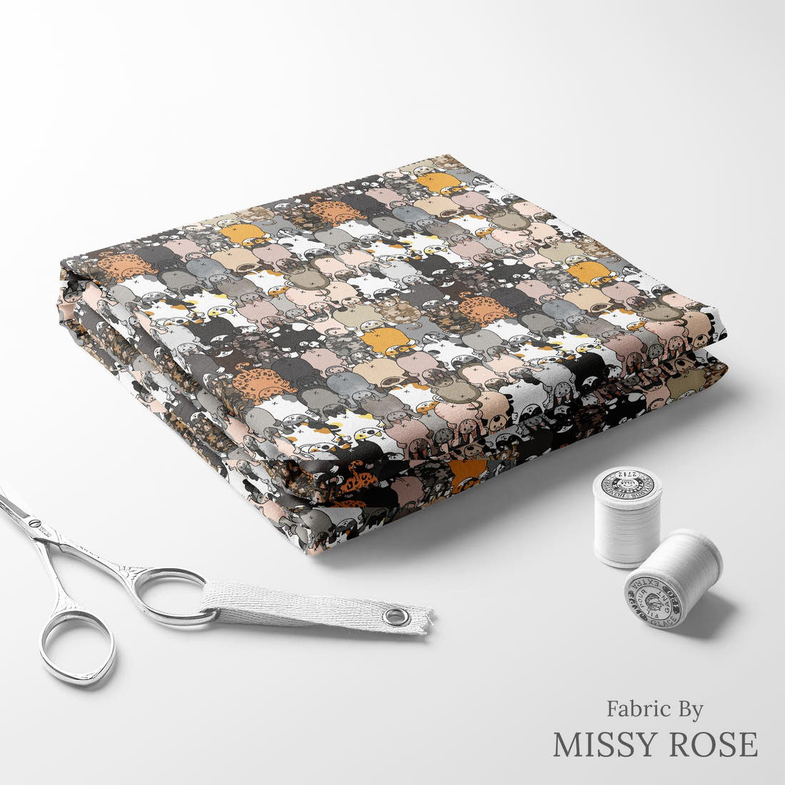 Design 146 Catt Butt Fabric folded fabric stack with matching thread – pre-order fabric Australia | Fabric by Missy Rose
