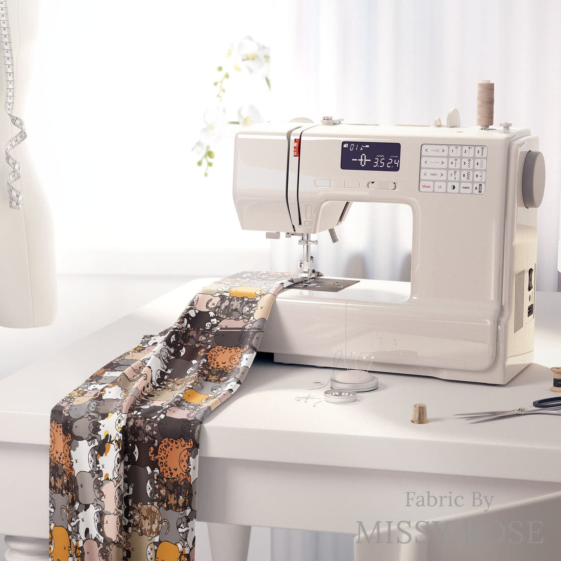 Design 146 Catt Butt Fabric on a sewing machine – premium fabric for sewing projects | Fabric by Missy Rose