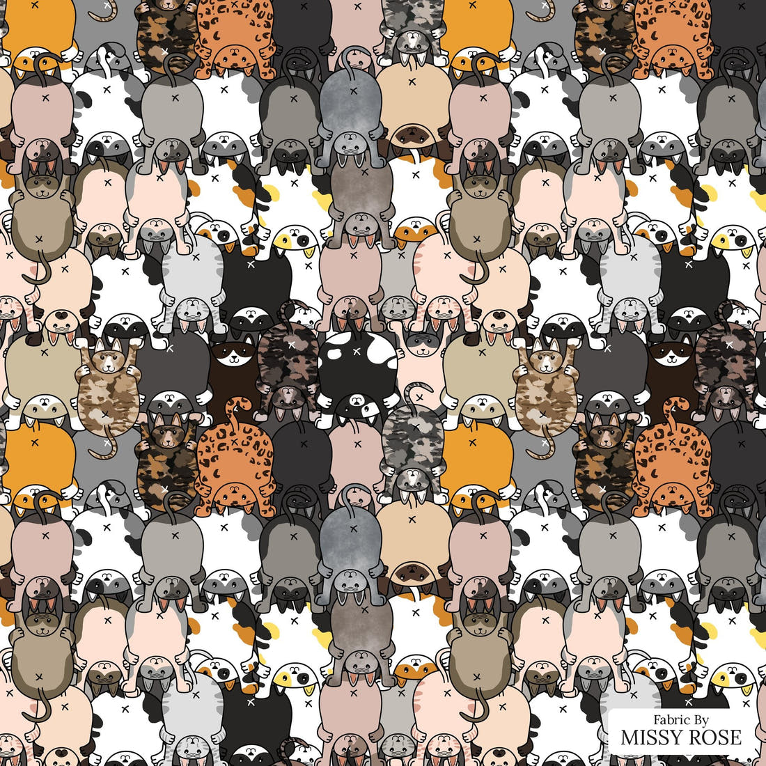 Design 146 Catt Butt Fabric - flat view of the print, zoom in for detail | Fabric by Missy Rose