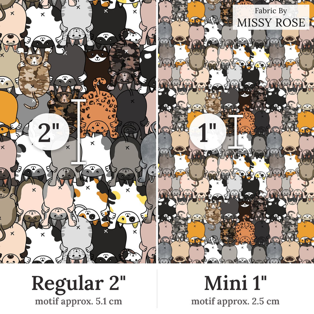 Design 146 Catt Butt Fabric Regular 2 inch vs Mini 1 inch print scale side by side | Fabric by Missy Rose