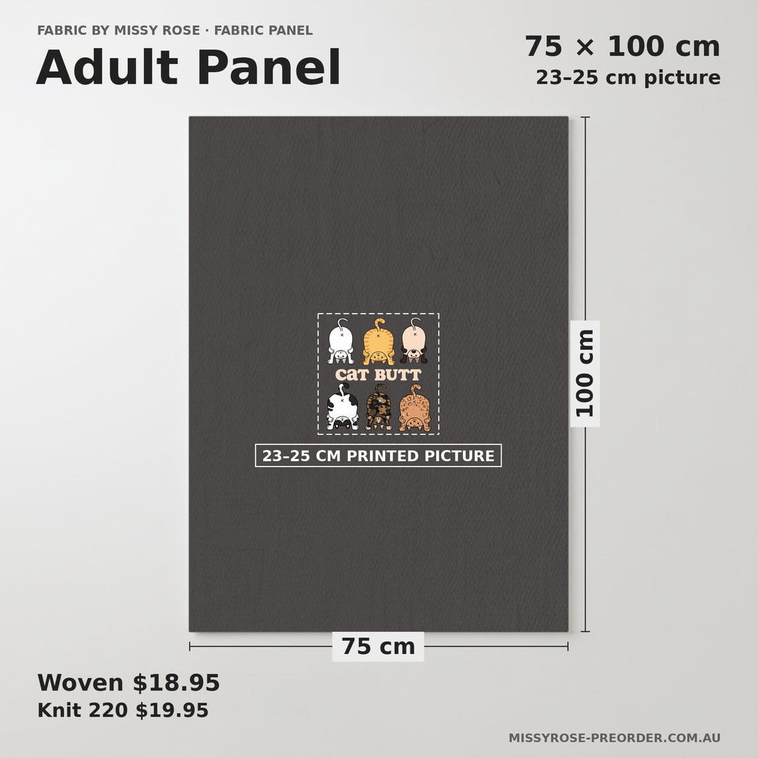 Design 146 Catt Butt Panel adult panel sizing – 23–25 cm printed picture on 75 × 100 cm fabric | Fabric by Missy Rose