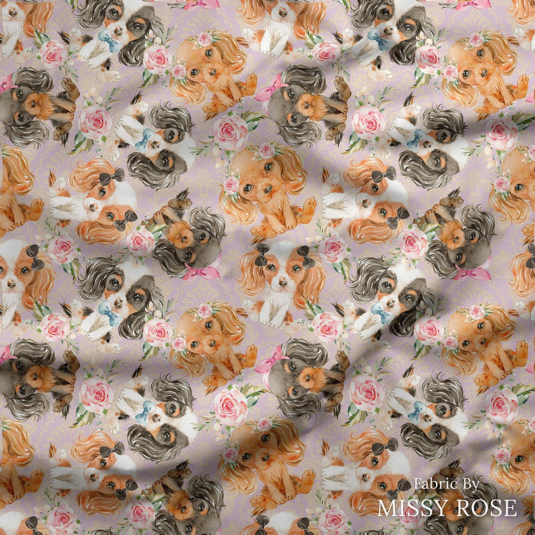 Design 147 Cute Dogs Fabric draped fabric mockup – custom printed fabric by the metre | Fabric by Missy Rose