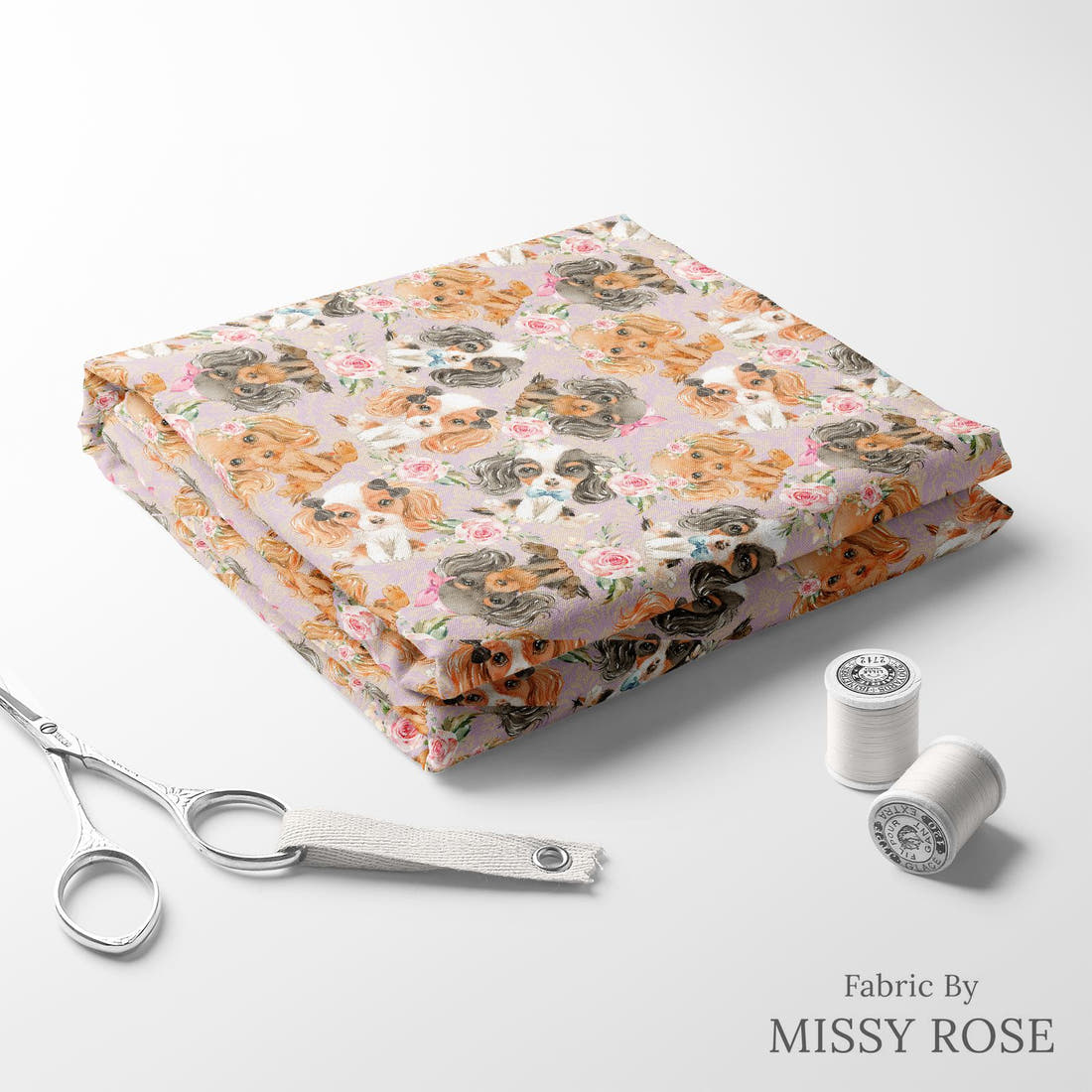 Design 147 Cute Dogs Fabric folded fabric stack with matching thread – pre-order fabric Australia | Fabric by Missy Rose