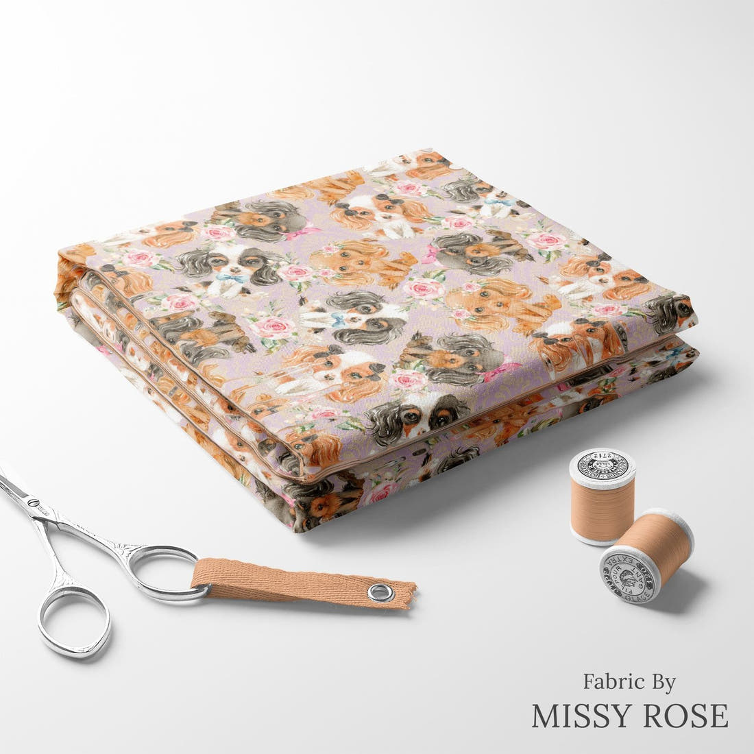 Design 147 Cute Dogs Fabric folded fabric stack with matching thread – pre-order fabric Australia | Fabric by Missy Rose