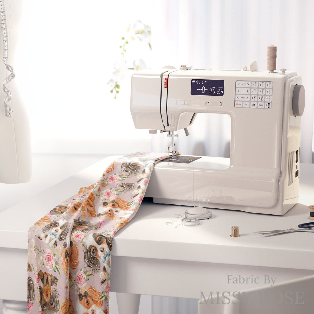 Design 147 Cute Dogs Fabric on a sewing machine – premium fabric for sewing projects | Fabric by Missy Rose