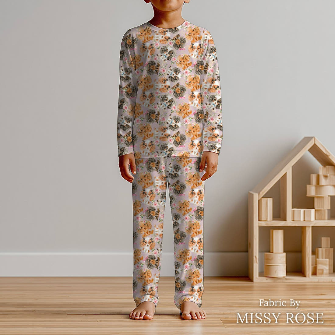 Design 147 Cute Dogs Fabric sewn into kids' pyjamas – see how the print looks made up | Fabric by Missy Rose