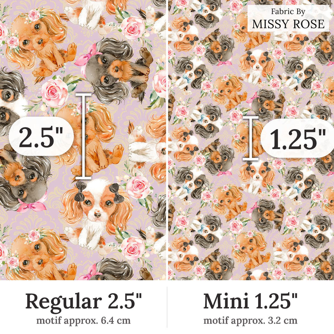 Design 147 Cute Dogs Fabric Regular 2.5 inch vs Mini 1.25 inch print scale side by side | Fabric by Missy Rose