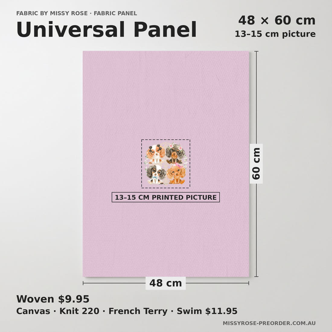 Design 147 Cute Dogs Panel universal panel sizing – 13–15 cm printed picture on 48 × 60 cm fabric | Fabric by Missy Rose