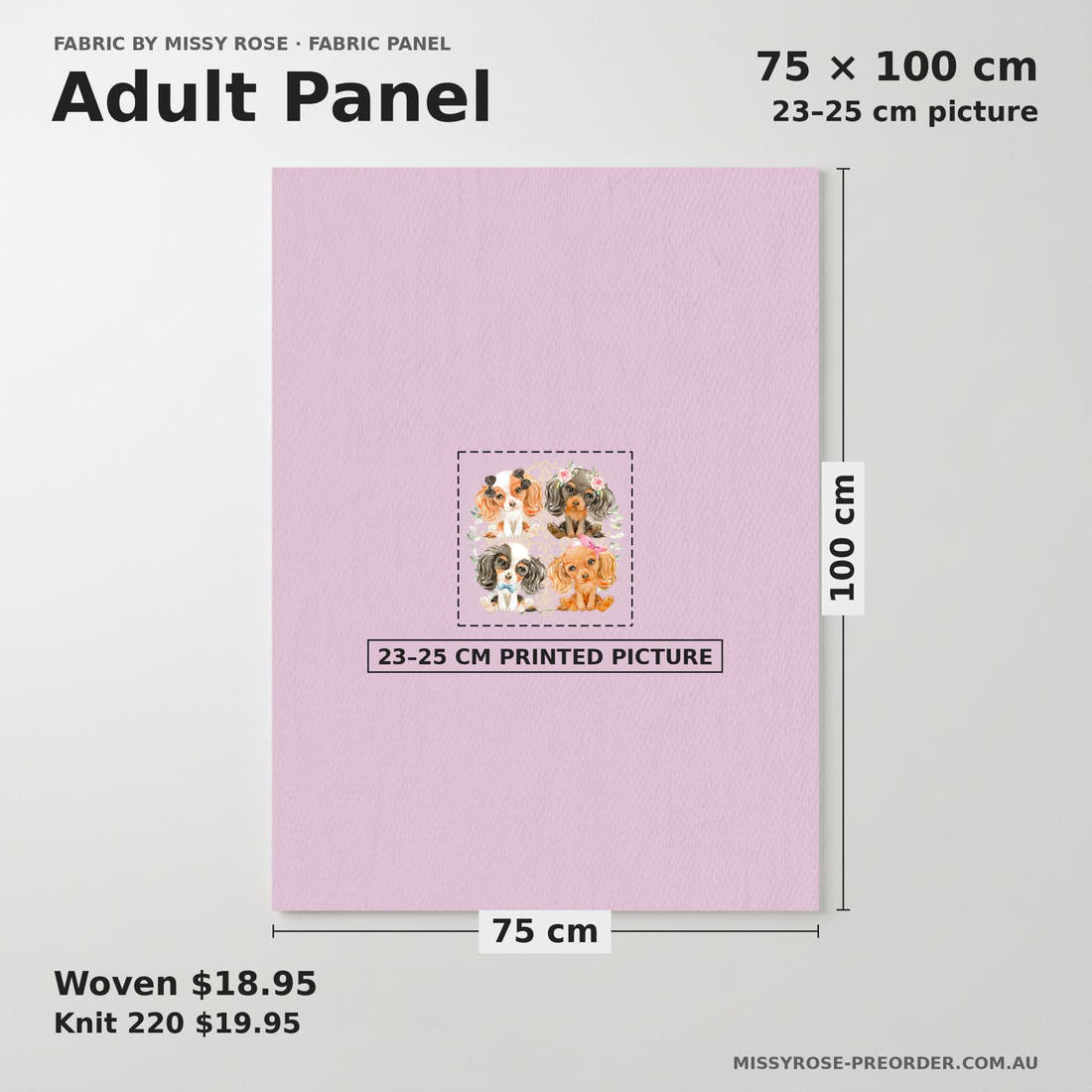 Design 147 Cute Dogs Panel adult panel sizing – 23–25 cm printed picture on 75 × 100 cm fabric | Fabric by Missy Rose