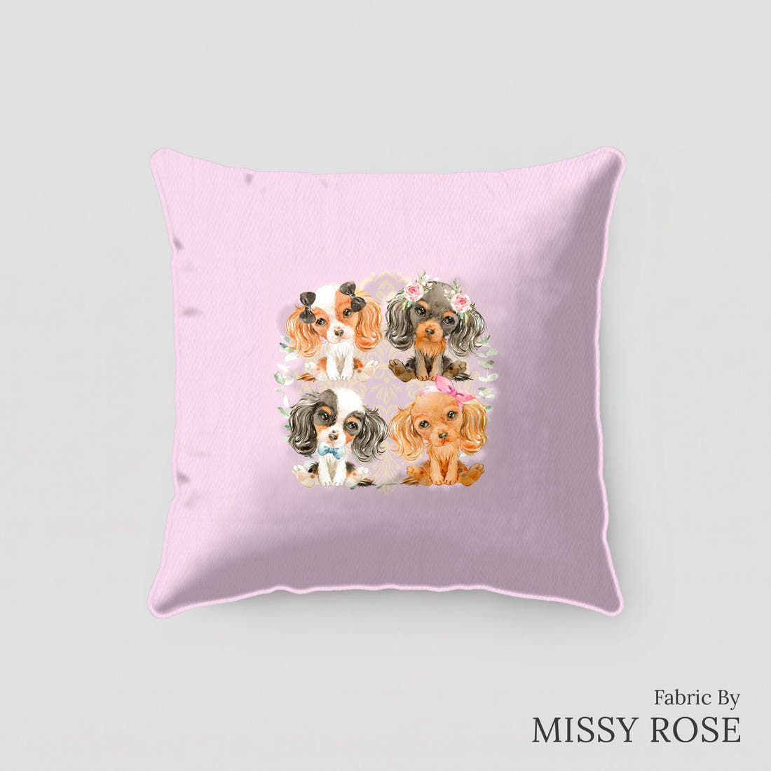 Design 147 Cute Dogs Panel sewn into a cushion – see how the panel looks made up | Fabric by Missy Rose