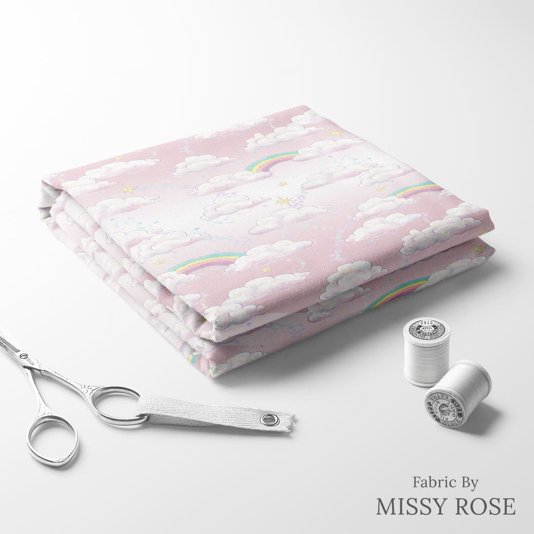 Design 149 Clouds Fabric folded fabric stack with matching thread – pre-order fabric Australia | Fabric by Missy Rose