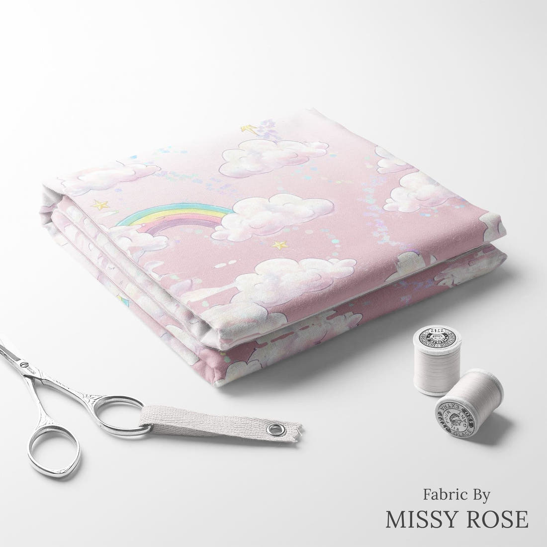 Design 149 Clouds Fabric folded fabric stack with matching thread – pre-order fabric Australia | Fabric by Missy Rose