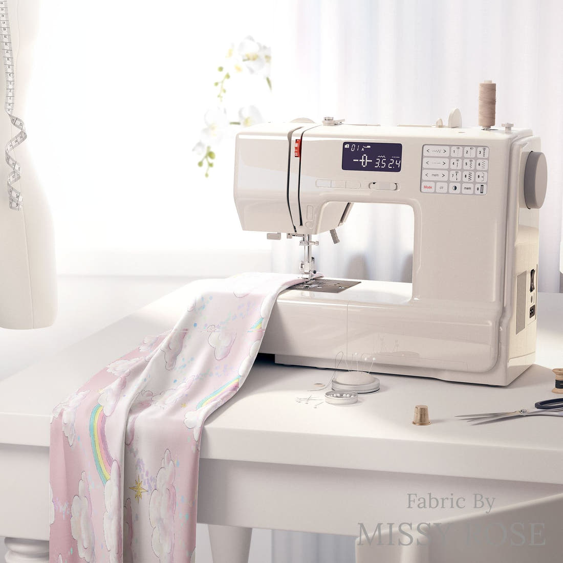 Design 149 Clouds Fabric on a sewing machine – premium fabric for sewing projects | Fabric by Missy Rose