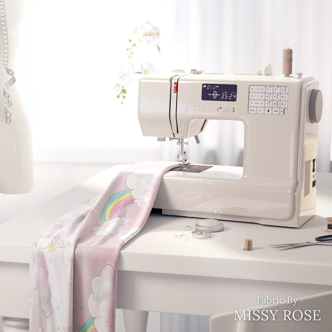 Design 149 Clouds Fabric on a sewing machine – premium fabric for sewing projects | Fabric by Missy Rose