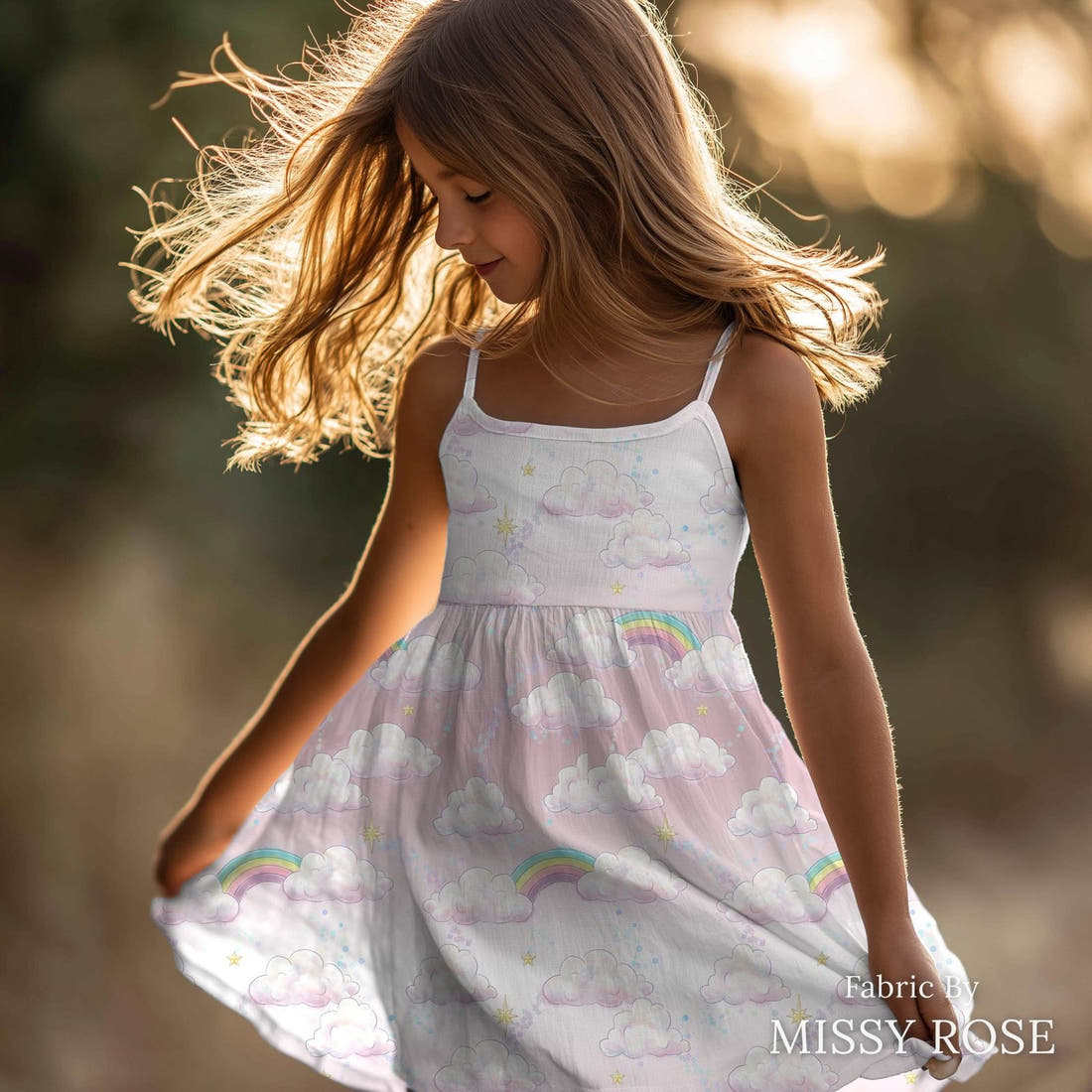 Design 149 Clouds Fabric sewn into a girls' dress – see how the print looks made up | Fabric by Missy Rose