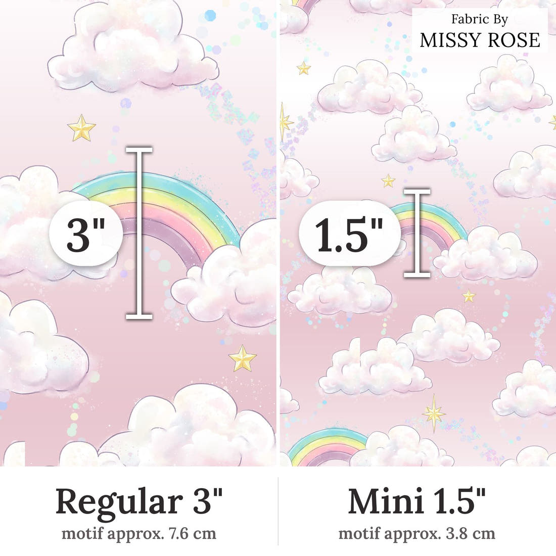 Design 149 Clouds Fabric Regular 3 inch vs Mini 1.5 inch print scale side by side | Fabric by Missy Rose