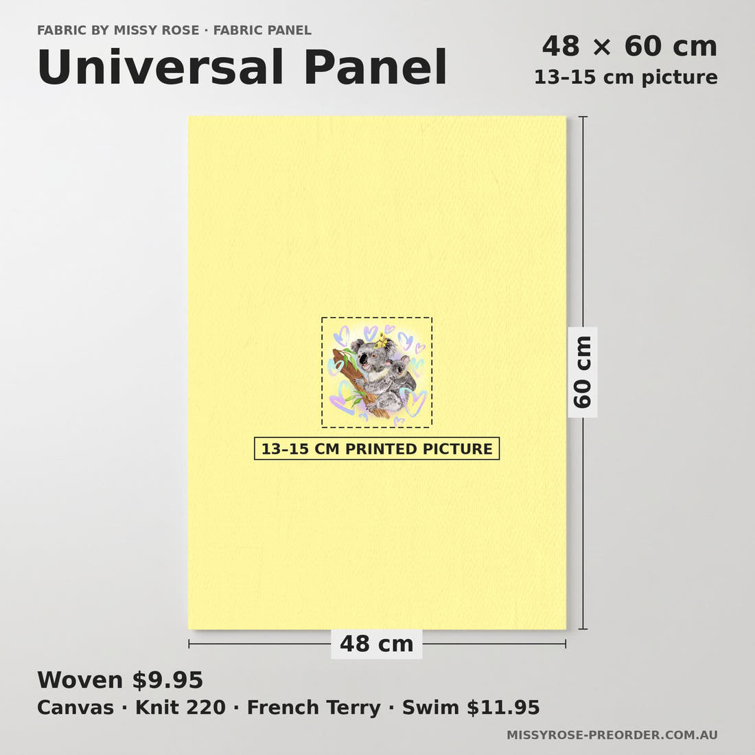 Design 15 Yellow Koala Panel universal panel sizing – 13–15 cm printed picture on 48 × 60 cm fabric | Fabric by Missy Rose